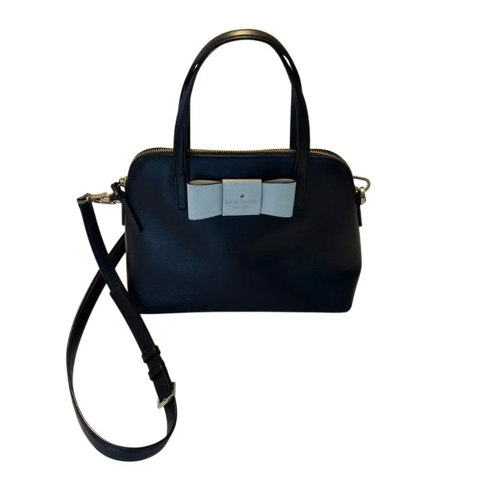 Kate Spade New York | Black Leather Purse | Ivory Bow | Crossbody Bag